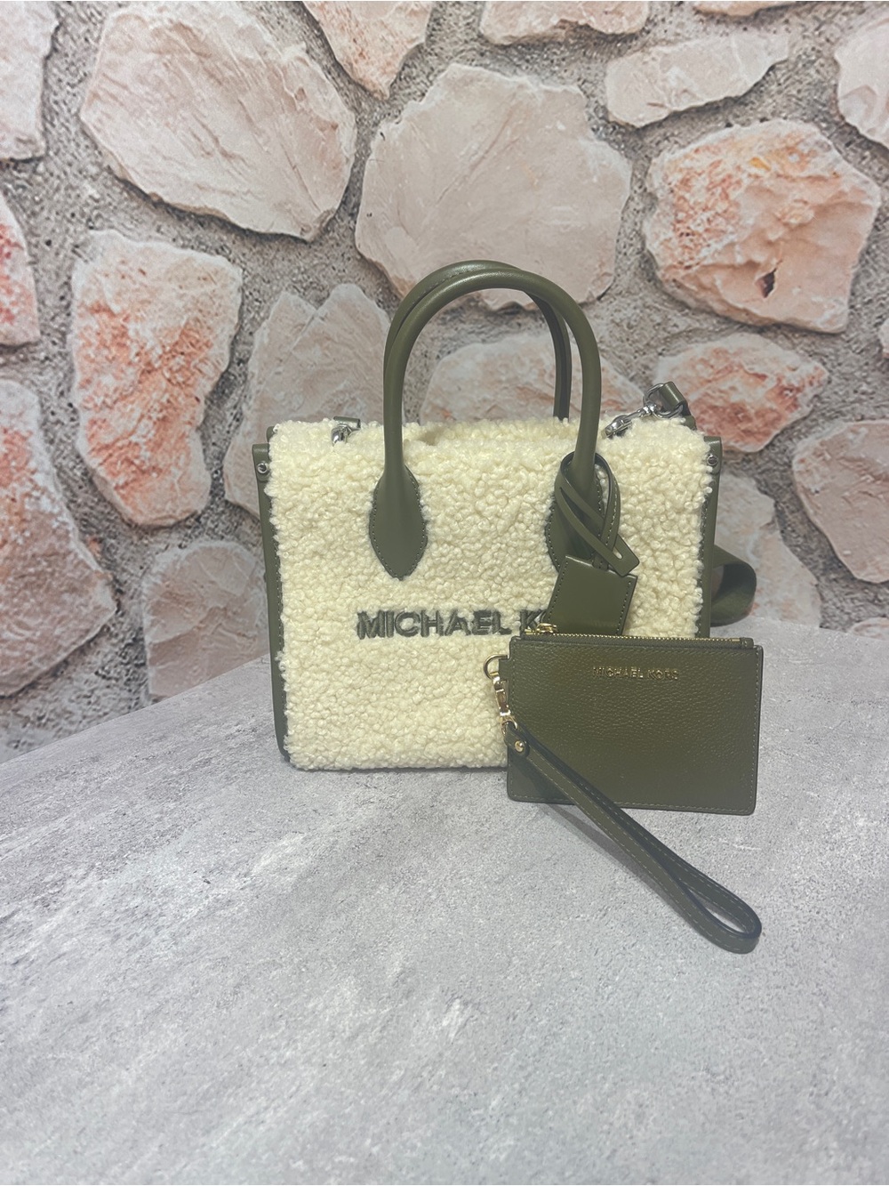 Michael Kors Mirella Small Shopper Xbody Olive Green & Cream Faux Shearling